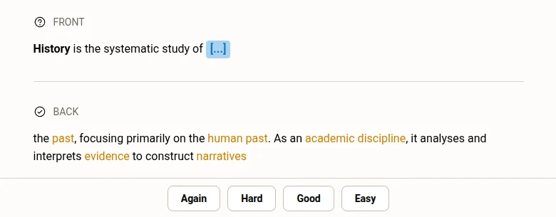 A cloze card in Amber study mode with the Again, Hard, Good and Easy grades